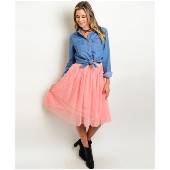 Pink Tulle Elastic Waist Party Midi Skirt NWT - Picture 3 of 5